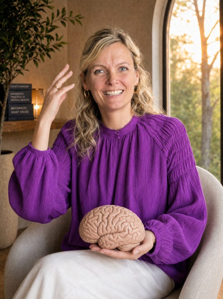Evelien legt met een breinmodel de mindset-pijler Gezonder Denken uit