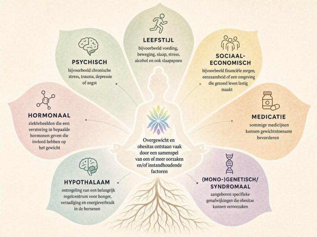 Infographic: zeven oorzaken van overgewicht en obesitas, van hormonaal tot medicatie